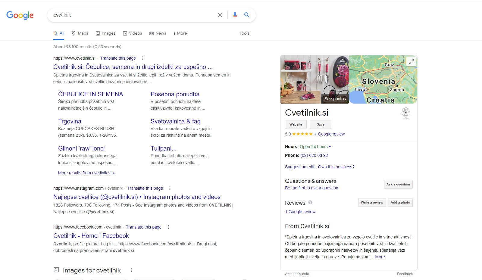 Google my Business profil Cvetilnik-a ob iskanju na Google-u